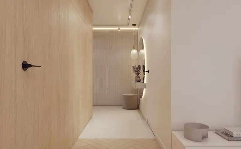 Przedpokój z minimalistycznym designem, nowoczesnymi lampami i drewnianymi elementami.