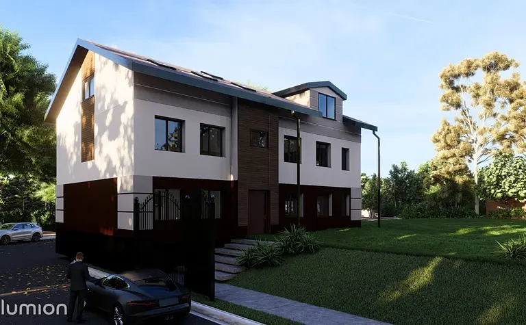 Nowoczesny dom jednorodzinny z brązowymi i białymi detalami, otoczony zielenią.