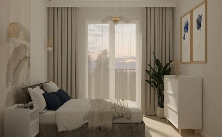 Sypialnia w stylu minimalistycznym z białą pościelą, szarymi zasłonami i rośliną.