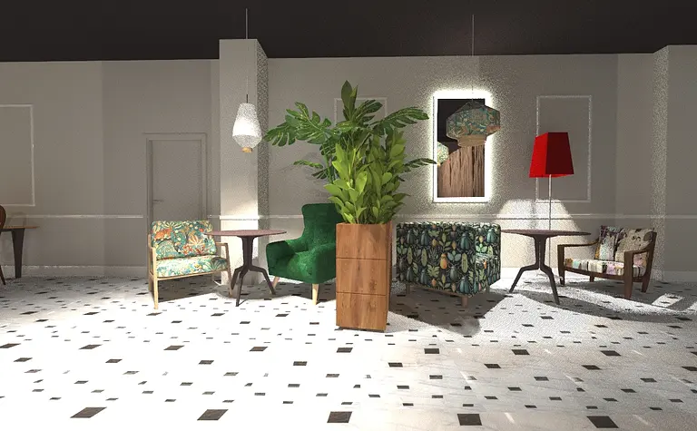 Eklektyczne wnętrze salonu z zielonymi fotelami i rośliną.