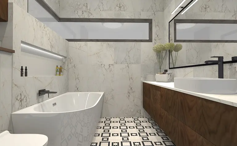 Współczesna łazienka z wanną, drewnianą szafką i nowoczesnym oświetleniem.