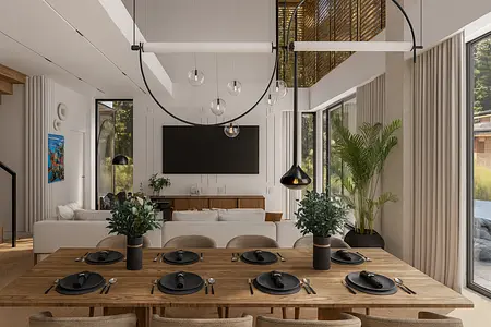 Wnętrze jadalni w stylu art deco, eklektycznym, minimalistycznym i współczesnym z drewnianym stołem.
