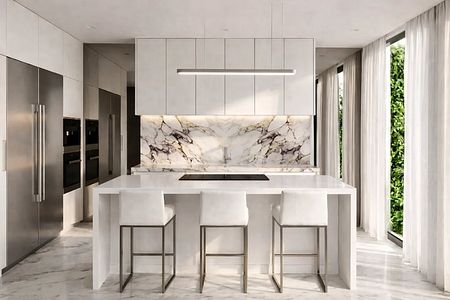 Nowoczesna kuchnia z białymi meblami i marmurowym blatem, minimalistyczny design.