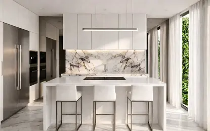 Nowoczesna kuchnia z białymi meblami i marmurowym blatem, minimalistyczny design.