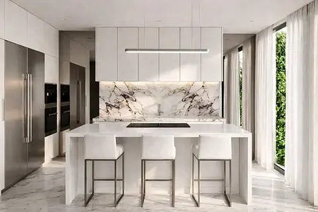 Nowoczesna kuchnia z białymi meblami i marmurowym blatem, minimalistyczny design.