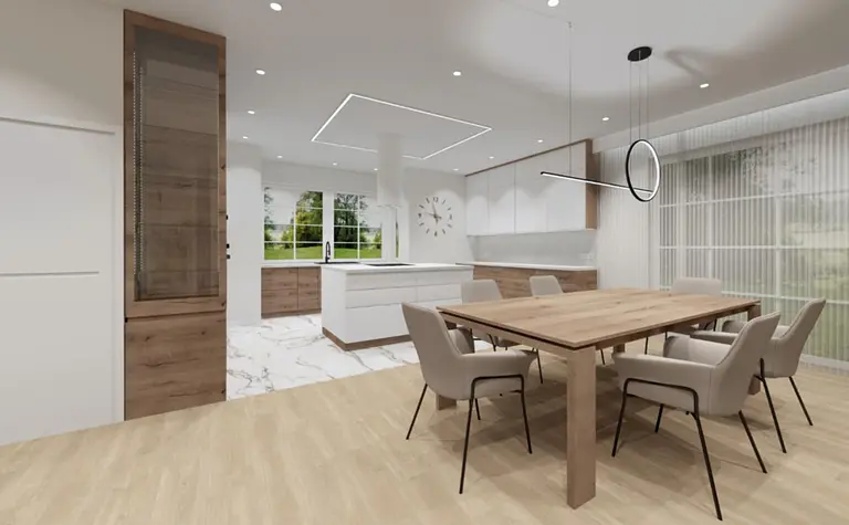 Wnętrze kuchni z białymi meblami, drewnianym stołem i nowoczesnym oświetleniem.