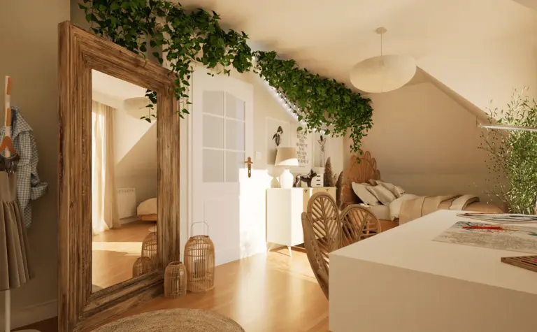 Poddasze w stylu boho z drewnianymi meblami i roślinnością.