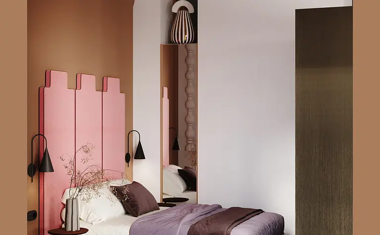 Sypialnia w stylach eklektycznym i minimalistycznym z różowym akcentem