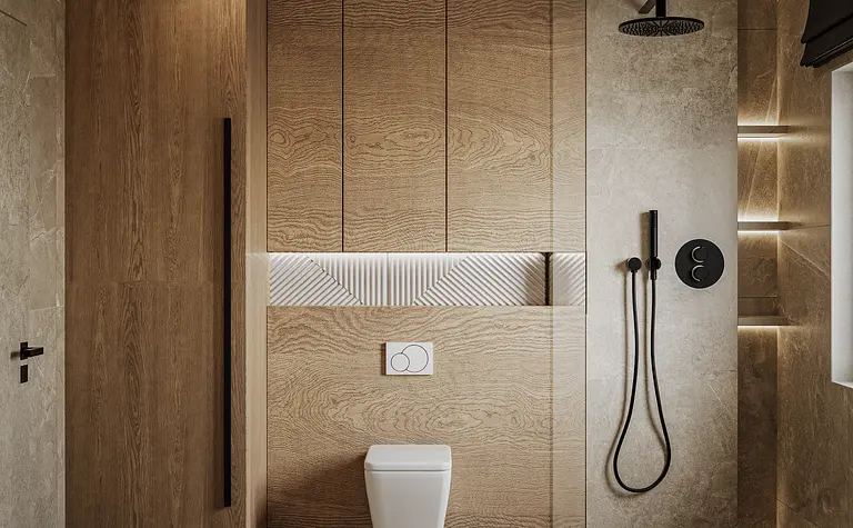 Nowoczesna łazienka w stylu japandi i minimalistycznym z drewnem i kamieniem.
