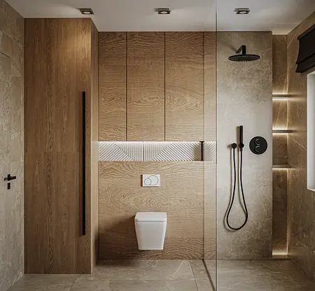 Nowoczesna łazienka w stylu japandi i minimalistycznym z drewnem i kamieniem.