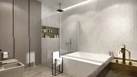 Nowoczesna łazienka z minimalistycznym designem, dużą wanną i szklanym prysznicem.