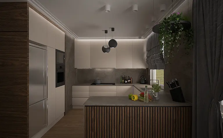 Nowoczesna kuchnia w stylu minimalistycznym z drewnianymi akcentami i roślinnością.