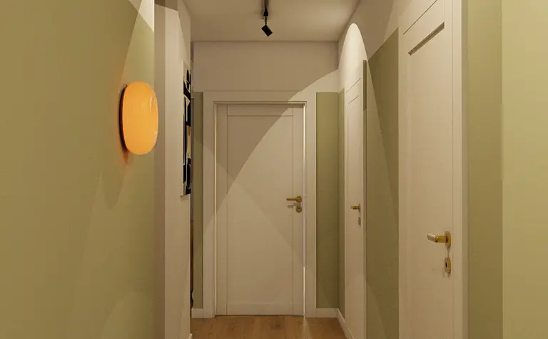 Przedpokój w stylu eklektycznym z zielonymi ścianami i vintage meblami.