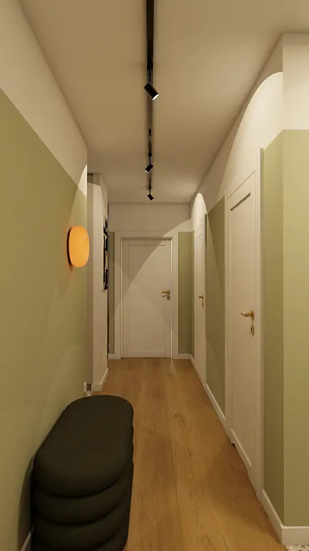 Przedpokój w stylu eklektycznym z zielonymi ścianami i vintage meblami.