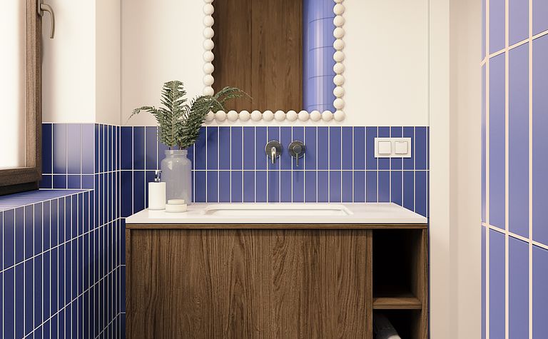 Łazienka w kobalcie i kwiatach, Warszawa