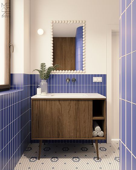 Łazienka w kobalcie i kwiatach, Warszawa