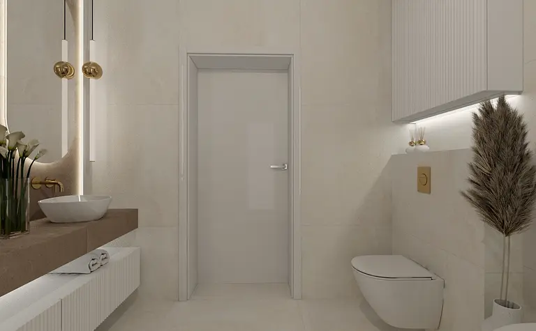 Wnętrze łazienki w stylu glamour, minimalistycznym i nowoczesnym z białymi akcentami.