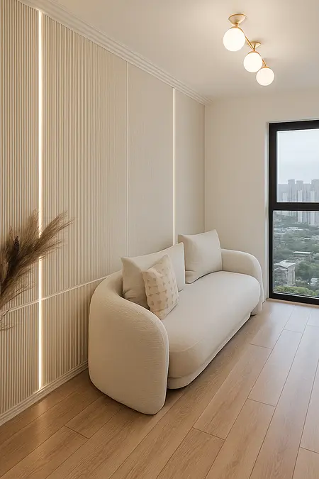 Wnętrze salonu z beżową sofą, drewnianą podłogą i minimalistycznym stylem.