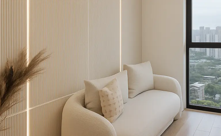 Wnętrze salonu z beżową sofą, drewnianą podłogą i minimalistycznym stylem.