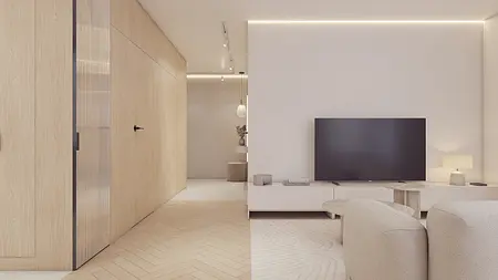 Nowoczesne wnętrze z drewnianymi elementami, telewizorem i minimalistycznym oświetleniem.