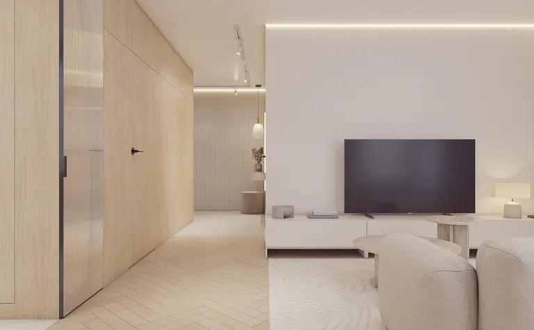 Nowoczesne wnętrze z drewnianymi elementami, telewizorem i minimalistycznym oświetleniem.