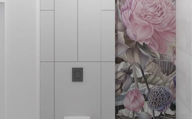 Toaleta w stylu japandi z nowoczesnym muralem roślinnym