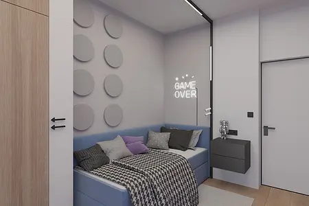 Wnętrze pokoju z niebieską sofą, szarymi ścianami i dekoracjami minimalistycznymi, industrialnymi.