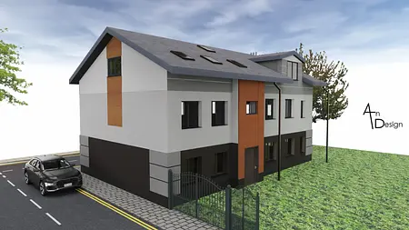 Wizualizacja nowoczesnego domu z drewnianymi detalami i zielonym otoczeniem.