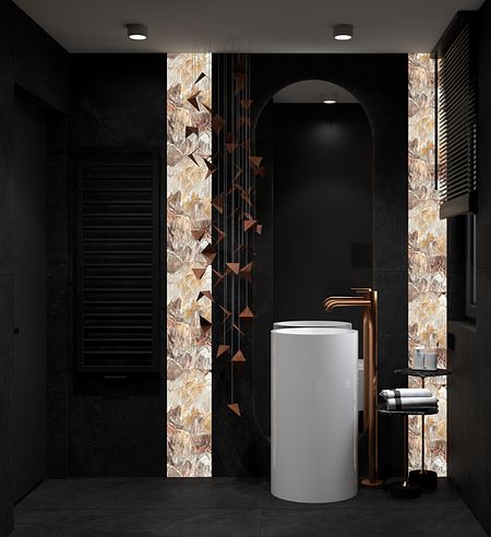 Nowoczesna łazienka w stylu industrialnym z białą umywalką i czarnymi detalami.