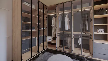 Garderoba minimalistyczna z przeszklonymi szafkami i drewnianymi półkami.
