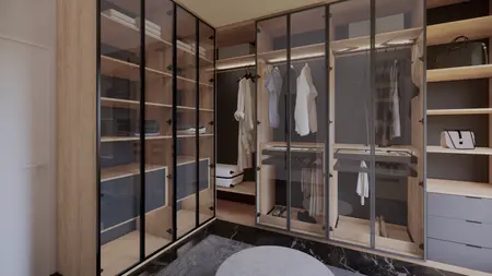 Garderoba minimalistyczna z przeszklonymi szafkami i drewnianymi półkami.