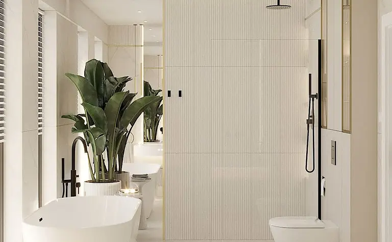Nowoczesna łazienka z wanną, roślinami i eleganckimi akcentami art deco i glamour.