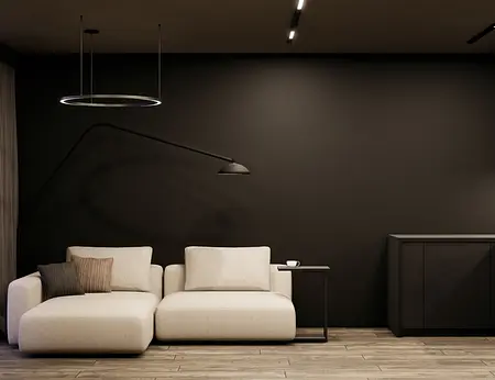 Wnętrze salonu z minimalistycznym designem, jasna kanapa i ciemne akcenty.