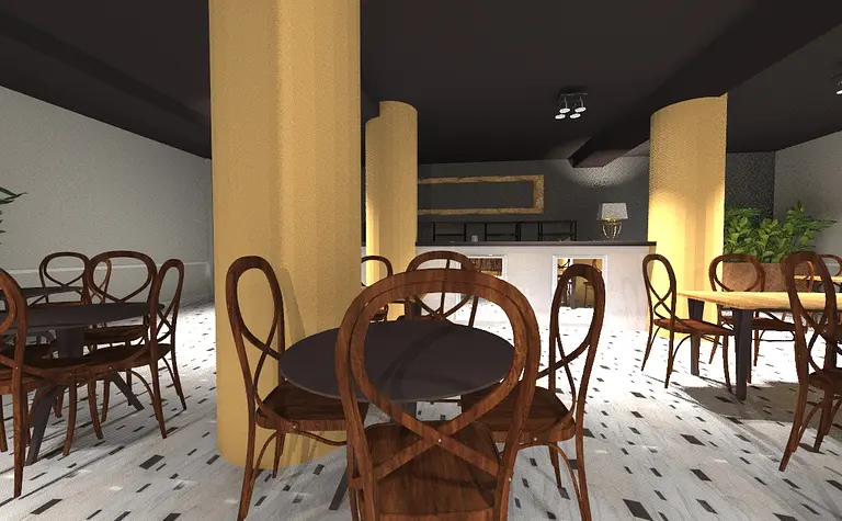 Wnętrze jadalni z drewnianymi meblami i żółtymi akcentami, styl eklektyczny.