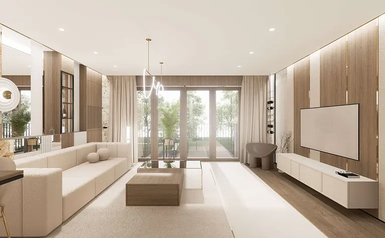 Nowoczesny salon z beżową sofą, drewnianym stolikiem, minimalistycznym wystrojem.