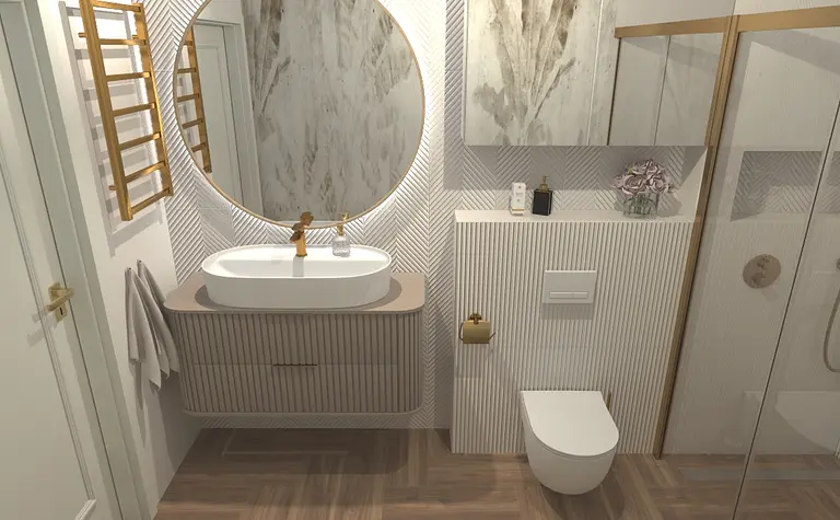 Współczesna łazienka z białą umywalką i lustrzanym wykończeniem.