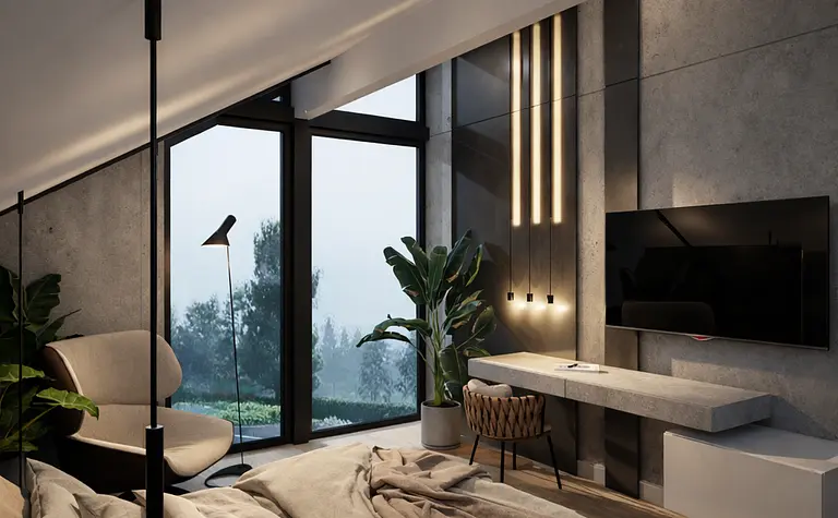 Wnętrze sypialni z nowoczesnym designem, minimalistyczne z dużymi oknami i roślinami.