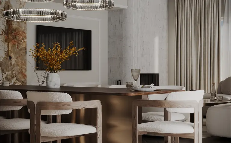 Wnętrze jadalni z drewnianym stołem, jasnymi krzesłami i stylowymi lampami, quiet luxury.