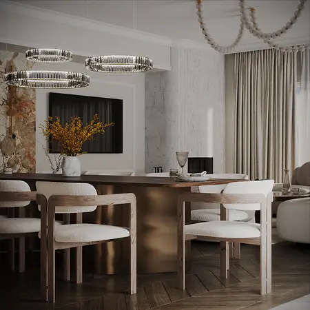 Wnętrze jadalni z drewnianym stołem, jasnymi krzesłami i stylowymi lampami, quiet luxury.