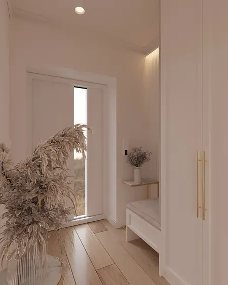 Przedpokój w stylu quiet luxury z białymi meblami i drewnianą podłogą
