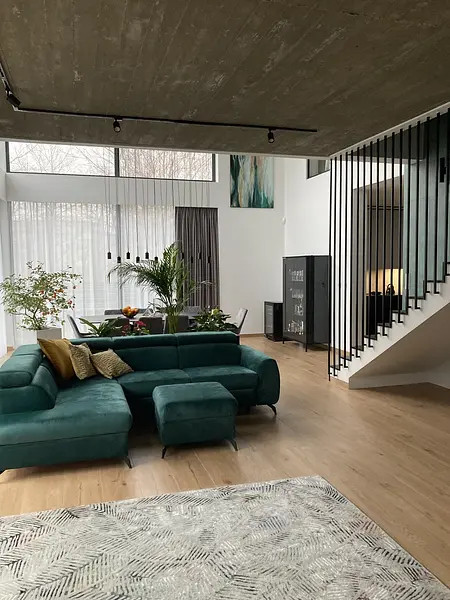 Nowoczesny salon z zieloną sofą, drewnianą podłogą i roślinami.