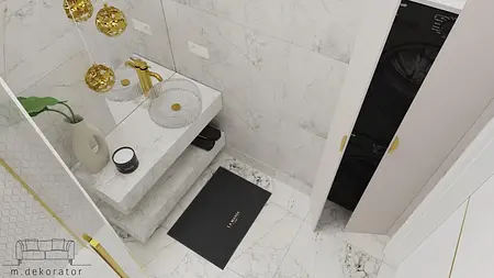 Nowoczesna łazienka z białymi kaflami i złotymi detalami w stylu glamour.