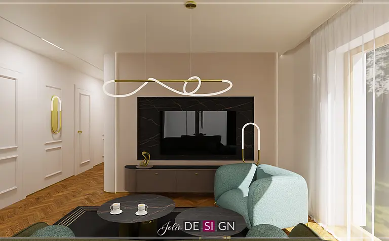 Stylowe wnętrze salonu w stylu art deco z zieloną sofą i czarnym telewizorem.