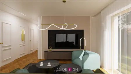 Stylowe wnętrze salonu w stylu art deco z zieloną sofą i czarnym telewizorem.