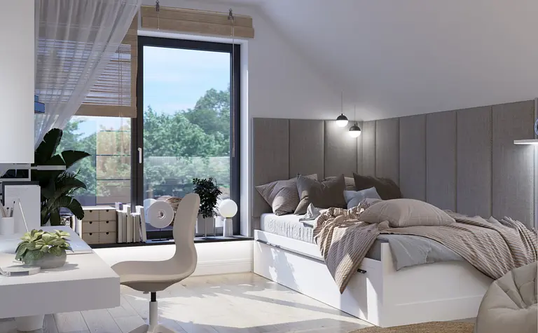 Wnętrze sypialni z białym łóżkiem, szarymi poduszkami i roślinami w stylu boho, skandynawskim i vintage.