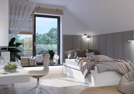 Wnętrze sypialni z białym łóżkiem, szarymi poduszkami i roślinami w stylu boho, skandynawskim i vintage.