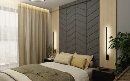 Sypialnia z szarym zagłówkiem, beżową pościelą i roślinami w stylach: dopamine decor, industrialny, japandi, minimalistyczny, skandynawski, tradycyjny.