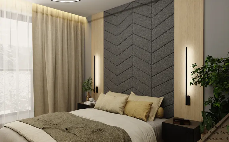 Sypialnia z szarym zagłówkiem, beżową pościelą i roślinami w stylach: dopamine decor, industrialny, japandi, minimalistyczny, skandynawski, tradycyjny.