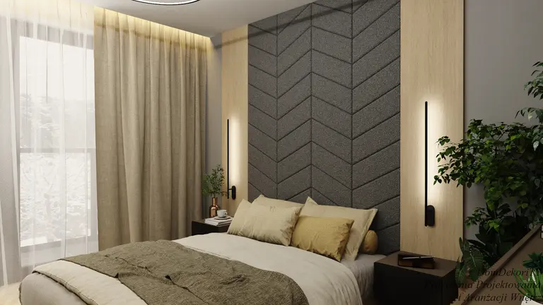 Sypialnia z szarym zagłówkiem, beżową pościelą i roślinami w stylach: dopamine decor, industrialny, japandi, minimalistyczny, skandynawski, tradycyjny.