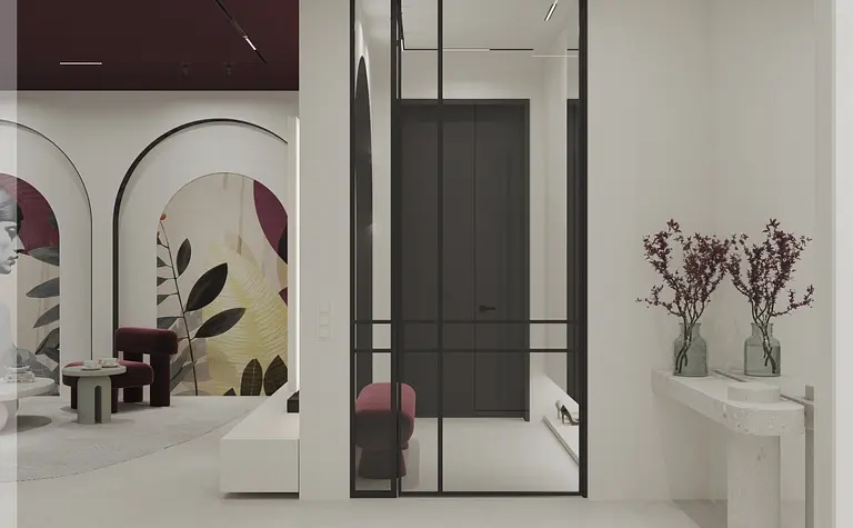 Przedpokój w stylu art deco z minimalistycznymi akcentami quiet luxury.